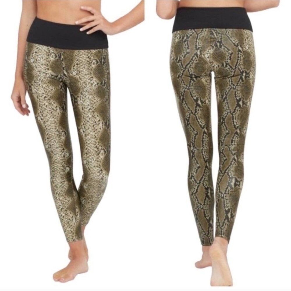 SPANX Assets Faux Leather Snakeskin Leggings L Bronze High Rise Shaping